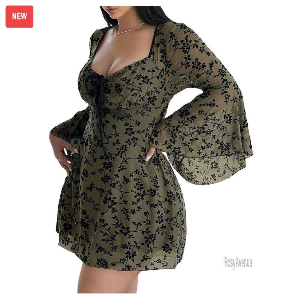 Plus Size Floral Gothic Dress Long Sleeve Mesh Grunge A Line